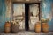 vintage rusty milk cans near weathered barn door