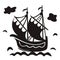 Vintage sailboat floating on waves, black and white vector illustration with ship in sea.