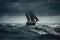 Vintage sailboat in stormy sea. Dramatic sky. Old sailboat caught in a big storm at sea, AI Generated