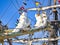 Vintage sailing ship mast ropes and tackle, Tall ship rigging mast detail, blue sky background