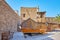 The vintage sambuk fishing boat and arish summer house in Al Fahidi Fort, Dubai, UAE