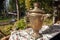 Vintage samovar, metal vessel for boiling water and making tea. The water is heated by an internal firebox, which is a