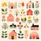 Vintage Scandinavian Style Cottage Illustration Set