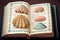 A vintage scientific drawing of sea shells in an old book, generative ai