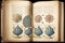 A vintage scientific drawing of sea shells in an old book, generative ai