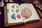 A vintage scientific drawing of sea shells in an old book, generative ai