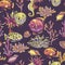 Vintage sea life natural seamless pattern, underwater vector texture, fish, sea horse