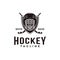 Vintage seal badge hockey sport logo with crossed hockey stick shield and helmet vector icon