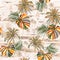 Vintage seamless palm leaves island pattern on monotone Landscape with palm trees,beach and ocean  vector hand drawn style