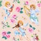 Vintage seamless pattern with angels and flowers. Cute cupid amur with musical instruments. Spring flowering, roses.