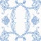 Vintage seamless pattern with blue rococo elements on a white background.