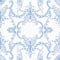 Vintage seamless pattern with blue rococo elements on a white background.