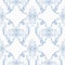 Vintage seamless pattern with blue rococo elements on a white background.