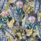 Vintage seamless pattern with hand painted luxury glittering protea flowers.