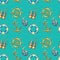 Vintage seamless pattern with nautical elements, isolated on turquoise background. Old binocular, lifebuoy, antique sailboat steer