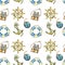 Vintage seamless pattern with nautical elements, on white background. Old sea binocular, lifebuoy, antique sailboat steer