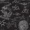 Vintage seamless pattern old chemistry laboratory with microscope and formulas.