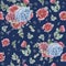 Vintage seamless pattern with pink anemones, eucalyptus and blue and pink hydrangeas