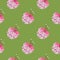Vintage seamless pattern with pink folk flower buds shapes. Green pastel background. Scrapbook ornament