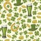 Vintage seamless pattern for St Patrick`s day. St. Patrick`s hat, horseshoe, four-leaf clover, green beer and gold coins. Patter