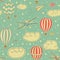 Vintage seamless pattern, vector illustration with hot air balloons, planes and birds flying in the blue sky with texture. Patter