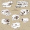 Vintage Set isolated Hand Drawn, doodle Camper trailer, car Recreation transport, Vehicles Camper Vans Caravans Icons