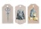 Vintage sewing tags with antique scissors, thimble and tape measure,