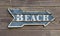 Vintage signpost on a wooden wall saying `Beach`