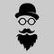 Vintage silhouette of bowler, mustaches, glasses. Vector illustration of gentleman or hipster. Retro gentleman icon. Logo