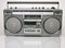 Vintage silver boombox on white background