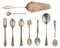 Vintage Silverware, antique spoons, knives, cake shovels isolated on isolated white background. Antique silverware. Retro