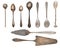 Vintage Silverware, antique spoons, knives, cake shovels isolated on isolated white background. Antique silverware. Retro