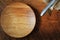 Vintage silverware, plate, napkin on rustic wooden background. Top view of kitchen setting table