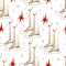 Vintage skates and red stars watercolor seamless pattern