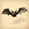 Vintage Sketch Of Bat Flying Over Castle In Sepia Tone