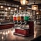 A vintage soda fountain with glass soda dispensers and old-fashioned stools1