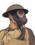 Vintage soldier wearing gasmask isolated