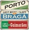 Vintage souvenir sign or postcard templates with Portugal cities