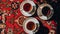 Vintage soviet porcelain cups of tea with saucers on turkish carpet, traditional tea ceremony, sunlight