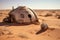 vintage spacecraft half-buried in a sandy desert