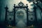A vintage and spooky gate, leading to dark and mysterious mansion. Steampunk, gothic atmosphere. Halloween concept