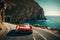 A vintage sports car parked by the cliffs of a breathtaking coastal route, capturing the beauty of both the car and the landscape