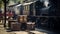 Vintage steam engine train arriving to platform with stack of luggage. Generative AI