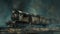 Vintage steam locomotive charging through a misty landscape. dark, moody atmosphere with historical essence. perfect for