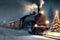 Vintage steam locomotive with Polar Express Train rides on winter rails and smokes