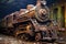 vintage steam locomotive with rusted metal and decay