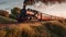 Vintage steam train with ancient locomotive and old carriages runs on the tracks in the countryside. Generative Ai