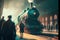 Vintage steam train locomotive, in train station. Beautiful vintage theme image. Generative Ai