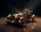 Vintage steampunk car with brass and metal, fantasy art. Generative AI