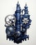 Vintage steampunk mechanism illustration with nostalgic charm in muted dark blue tones